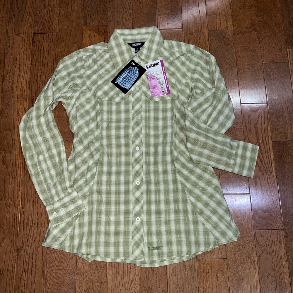 Blackhawk! Women’s Strenia Top Long Sleeve Button Shirt New! Plaid Green/White - Picture 3 of 7